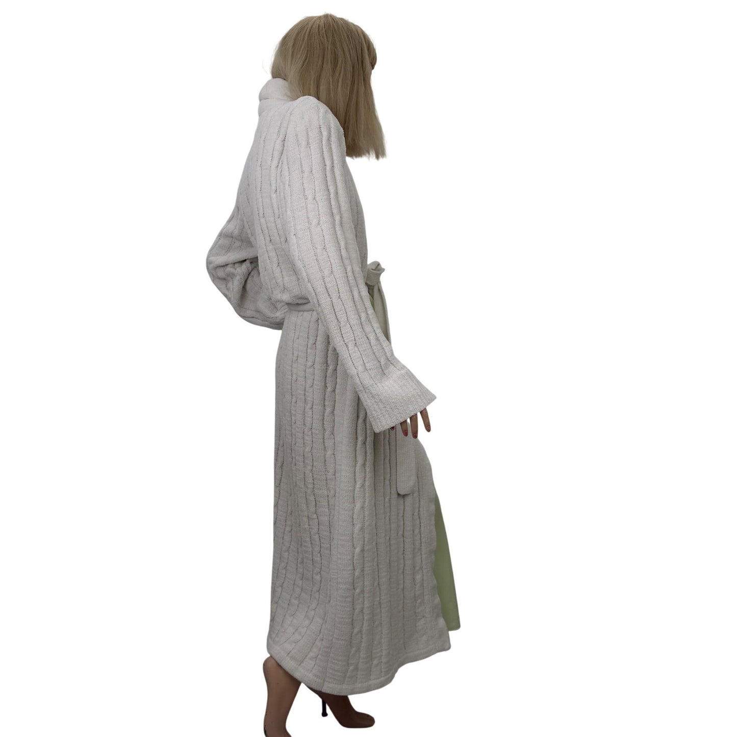 Vintage Cable Knit Robe Cream Loungewear Shawl Collar 80's  Womens Medium