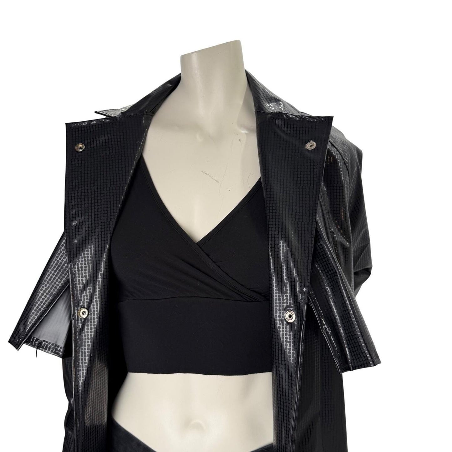 DJI Vintage Vinyl Trench Coat Black Glossy Grid Witchy Matrix Edgy M