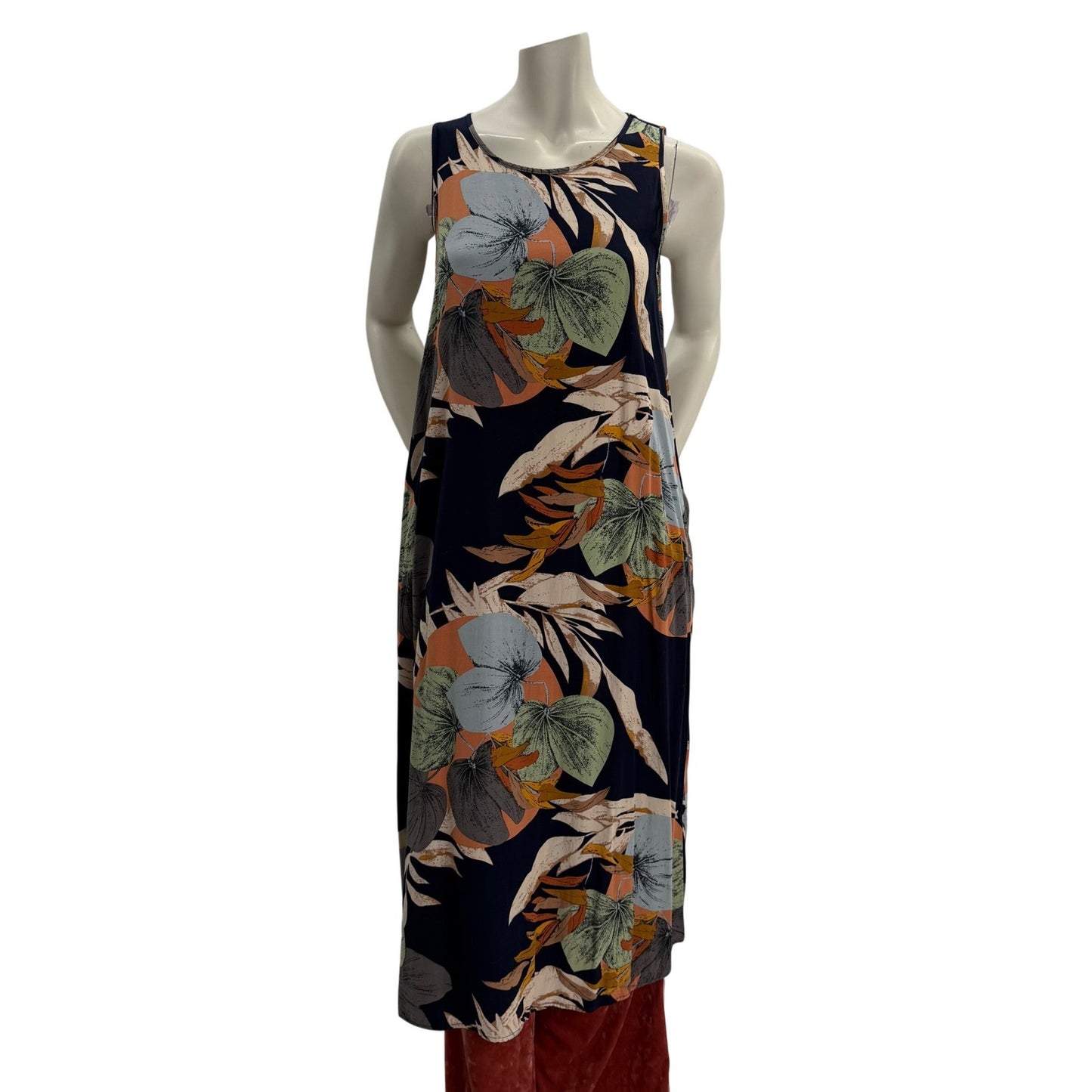 Tropical Leaf Print Sleeveless Maxi Shift Dress Medium Boho Naturecore Coastal
