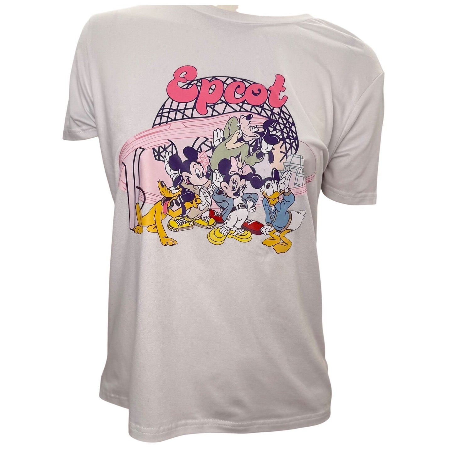 Disney T-Shirt Epcot Mickey Minnie Donald Goofy Pluto White Graphic Women Small