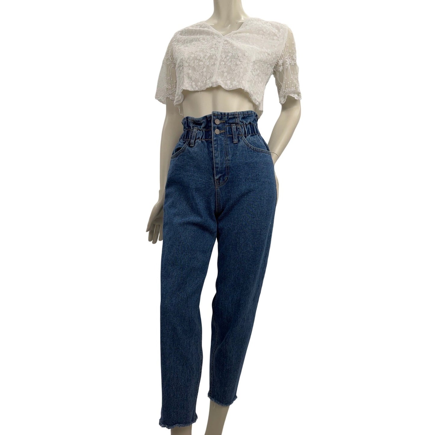 Oak + Fort High Waisted Paperbag Mom Jeans Denim Raw Hem Double Button Sz Small