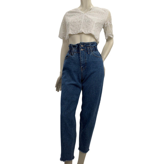 Oak + Fort High Waisted Paperbag Mom Jeans Denim Raw Hem Double Button Sz Small