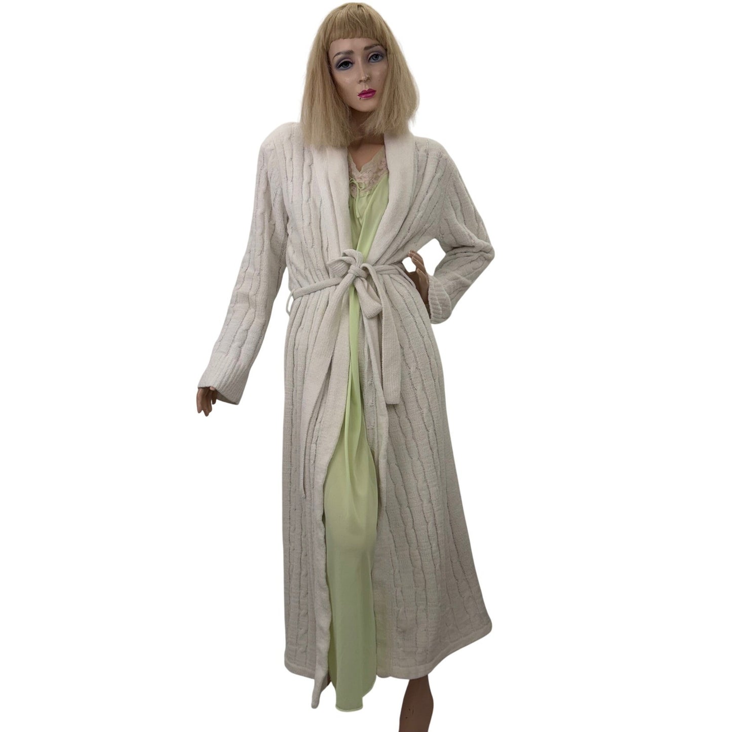 Vintage Cable Knit Robe Cream Loungewear Shawl Collar 80's  Womens Medium