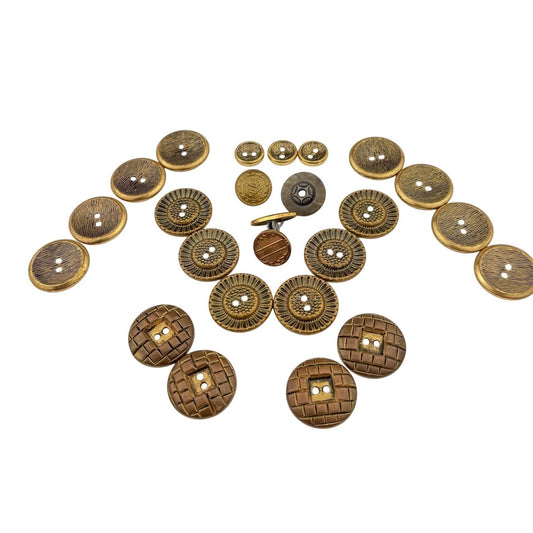 Vintage Brass Button Lot – Etched, Textured & Crest Designs in Bronze Tones, 24