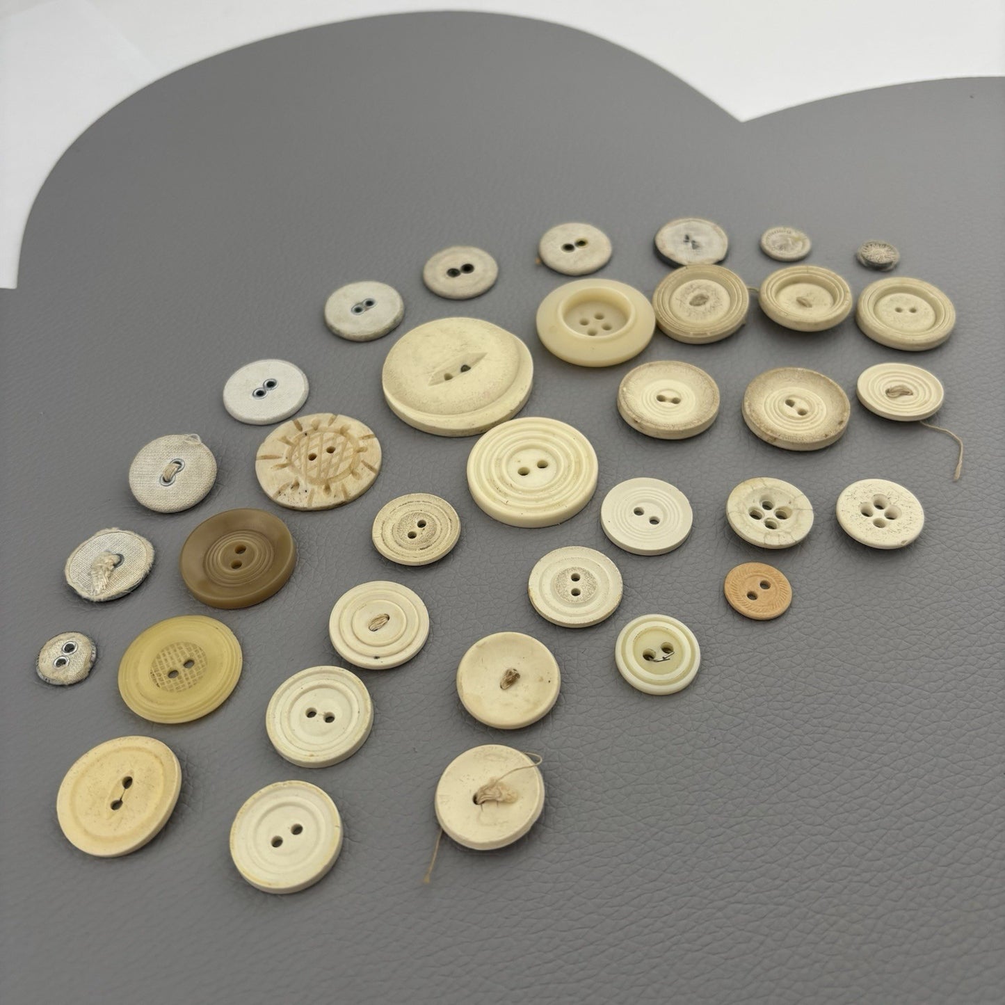 Antique Casein + Fabric Buttons Lot – Natural Ivory Beige Mix ~35pcs Early 1900s