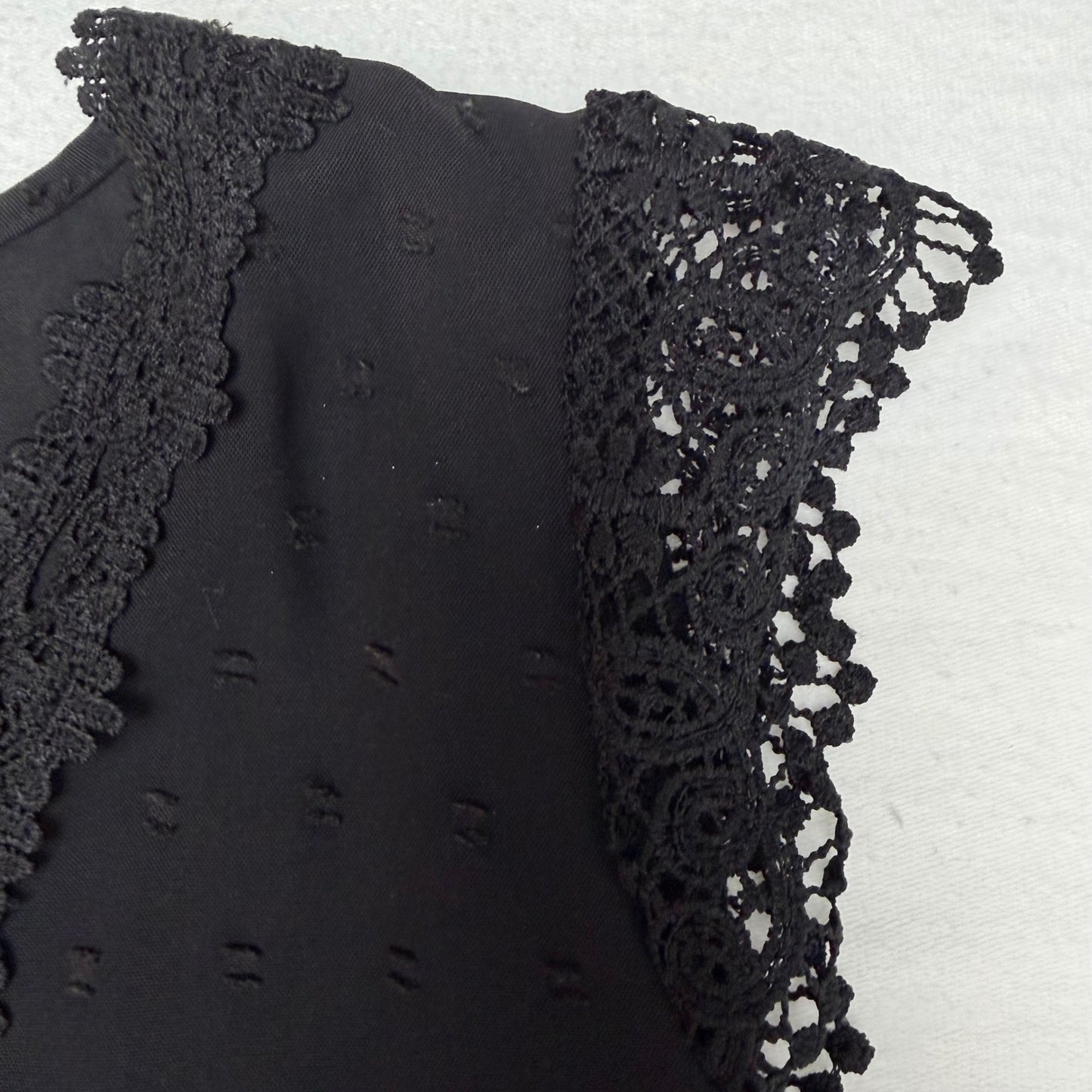 Women Black Sleeveless Blouse Swiss Dot Lace Trim Small Victorian Dark Academia