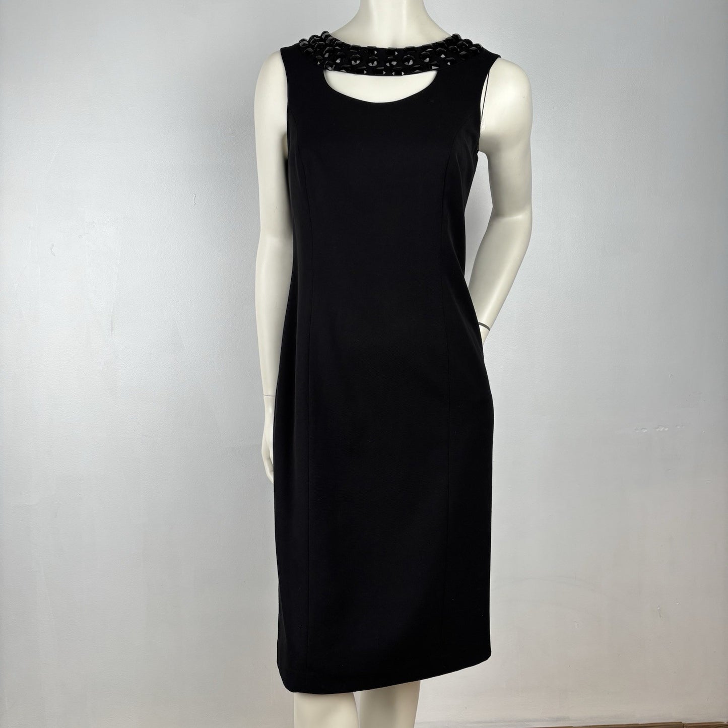 Tribal Black Stretch Sheath Dress 6 | Embellished Neckline | Classic LBD