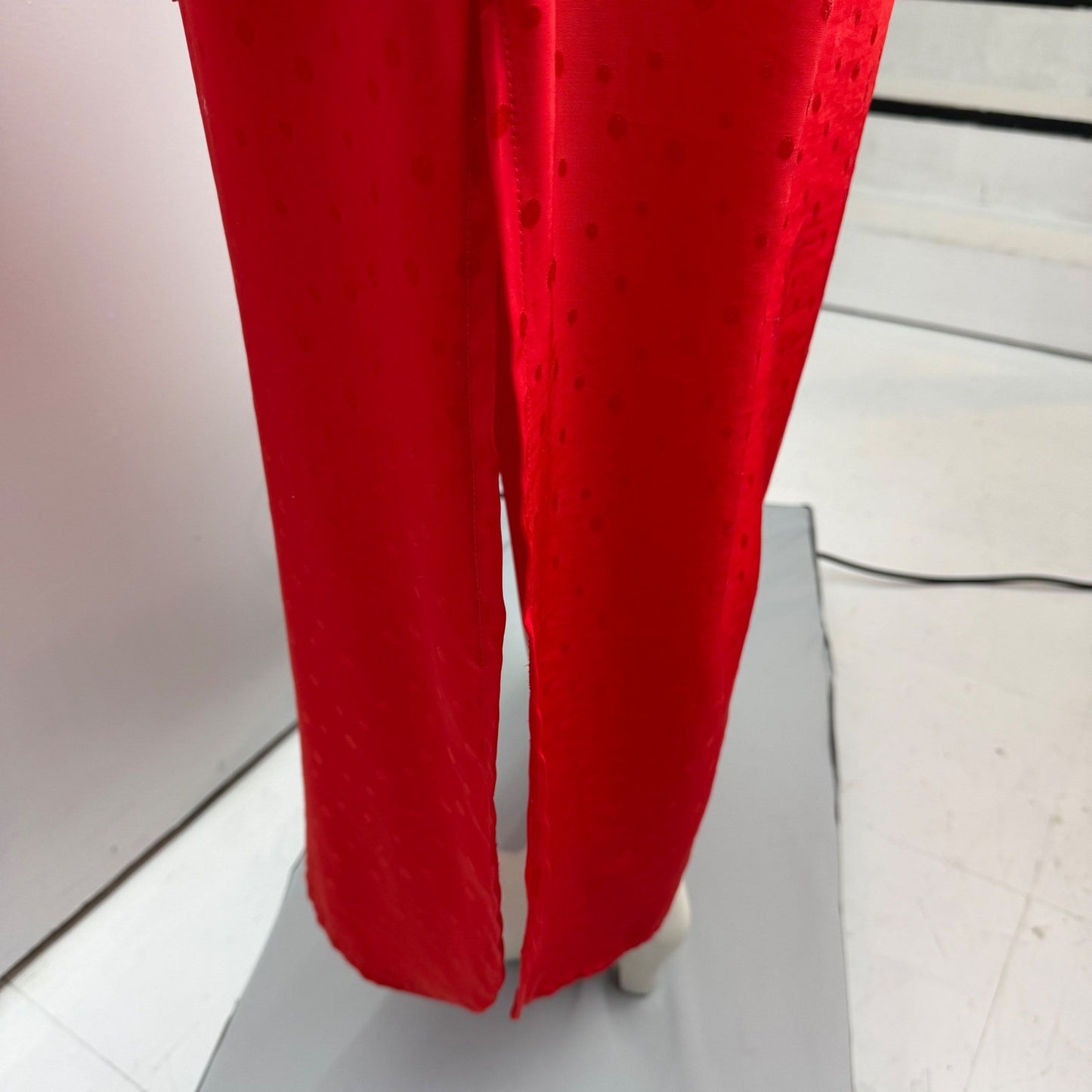 Handmade Red Polka Dot Satin Maxi Dress  Tie Waist Side Slit Sexy