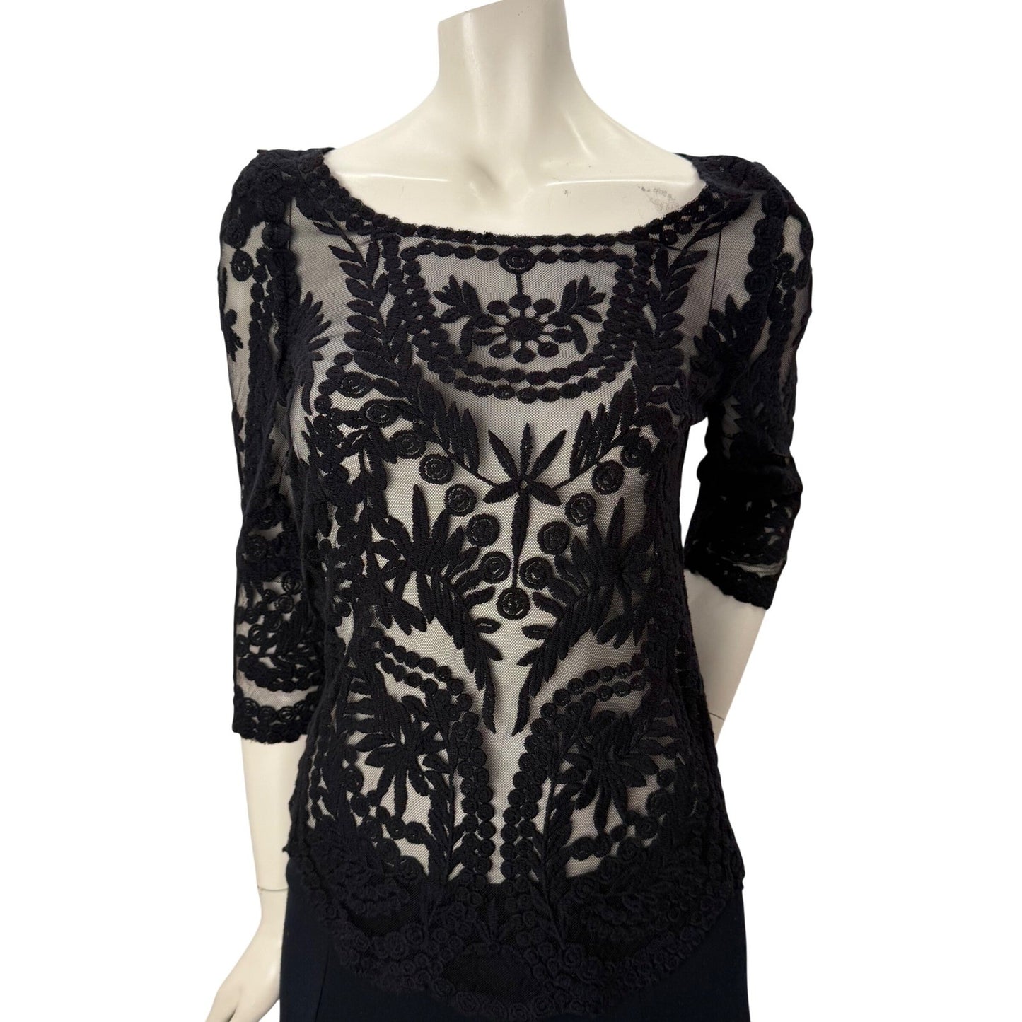 Black Sheer Mesh Top Embroidered Floral   Blouse Whimsigoth Victorian Boatneck