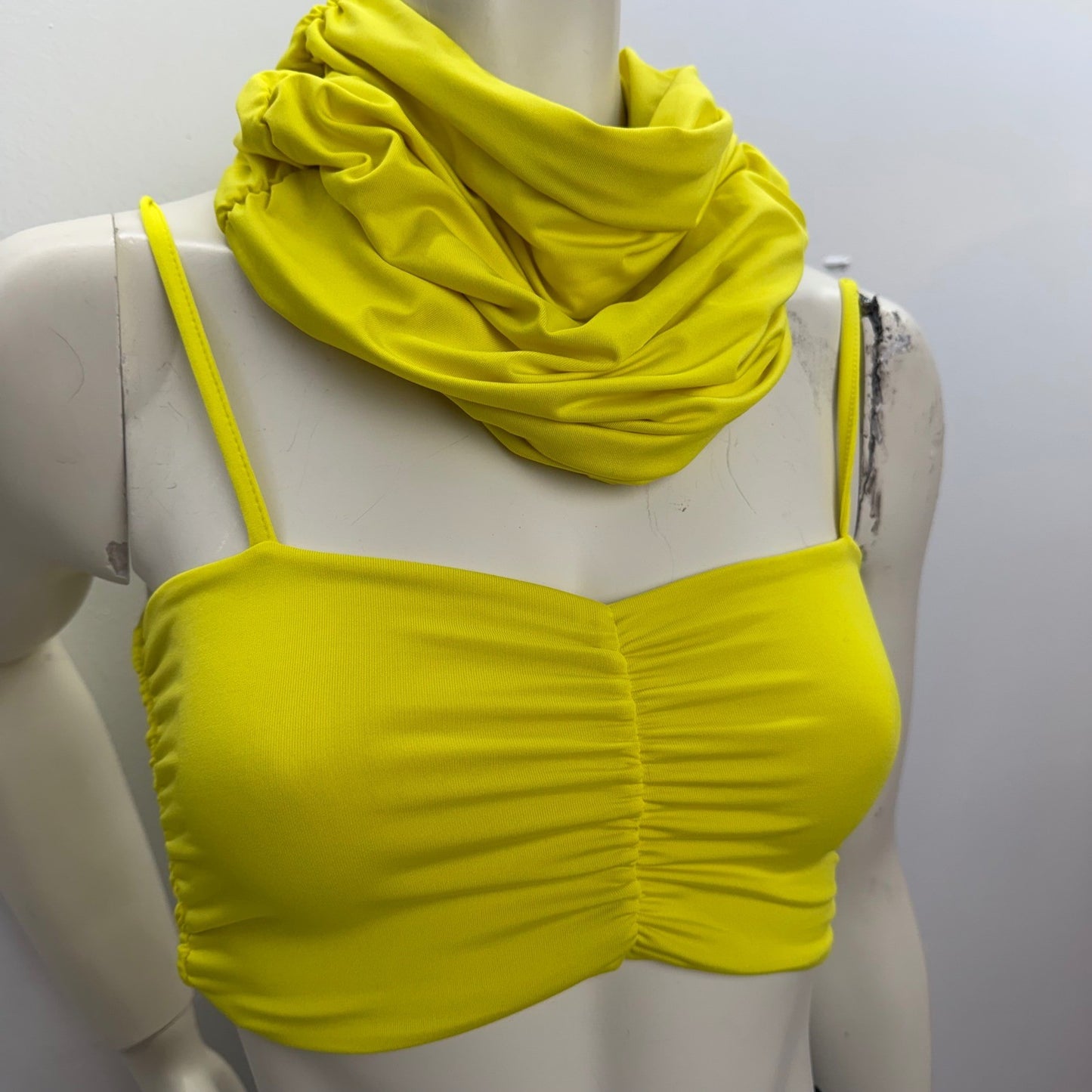 Neon Yellow Body Con Set  + Black Lycra Mini Skirt Club Rave Festival Outfit S