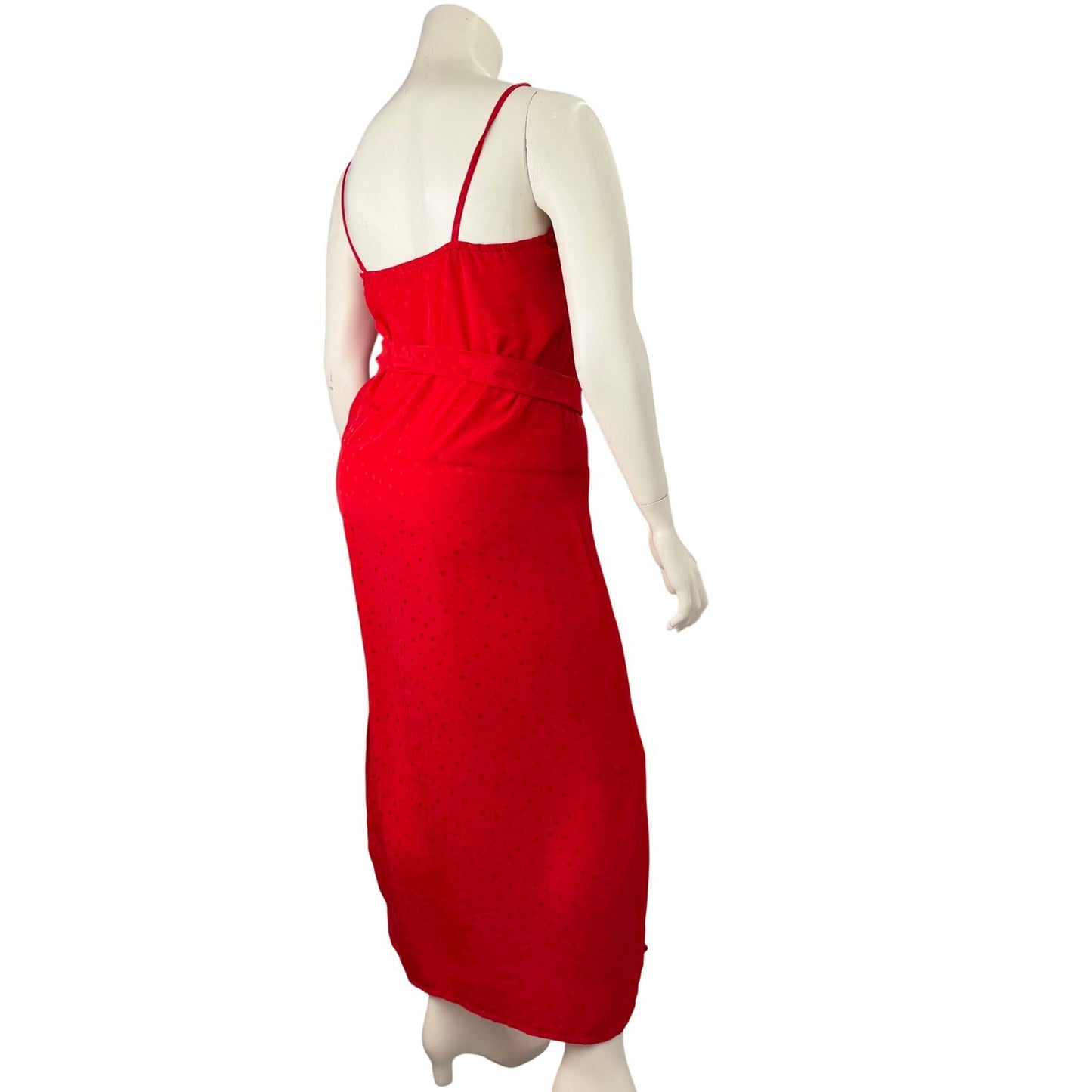 Handmade Red Polka Dot Satin Maxi Dress  Tie Waist Side Slit Sexy