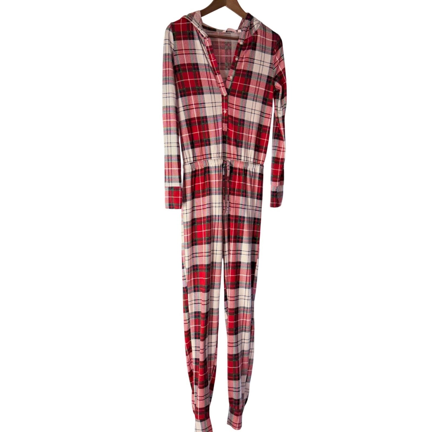 La Vie en Rose Pajama One Piece Plaid Hooded Christmas Loungewear XS