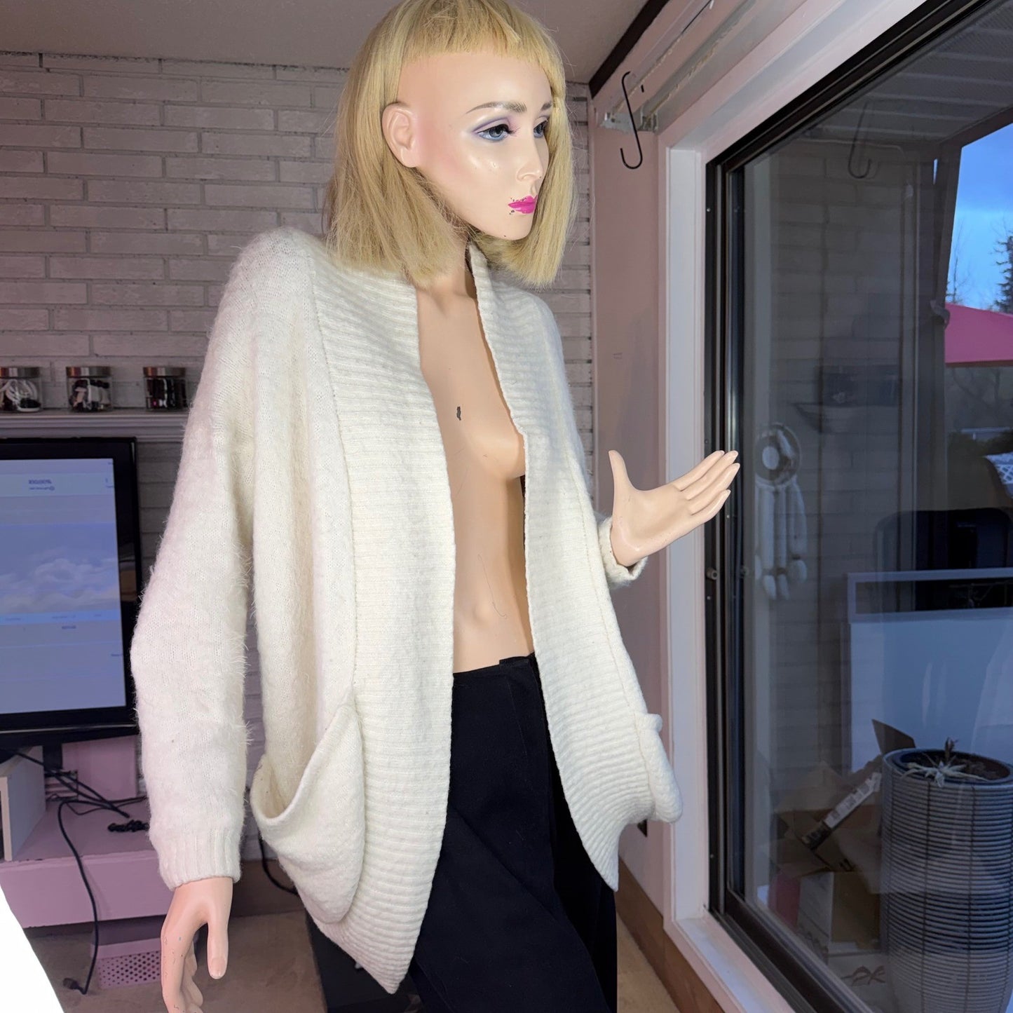 Vintage Mink Pink Cream Eyelash Cocoon Cardigan longline open front Y2K XSmall