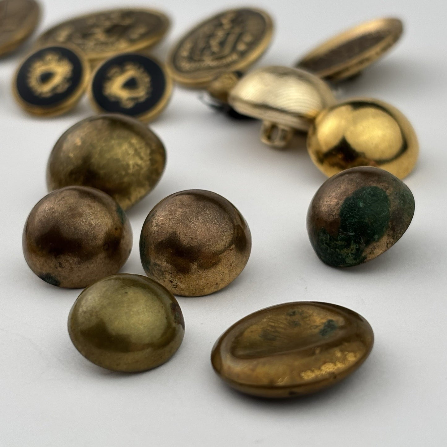 Vintage Brass & Gold Button Lot – Embossed, Hammered & Textured Mix, 31 Pieces