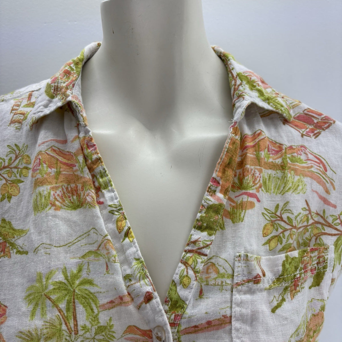 Cynthia Rowley 100% Linen Crop Shirt M Tropical Coastal Resort Print Button Vaca