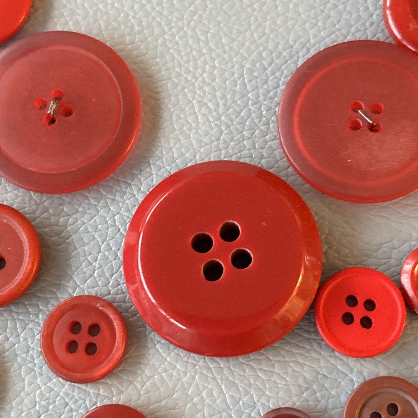 Vintage Red Four Hole Button Lot Made Of Early Plastic 3 Large,  Small + Medium