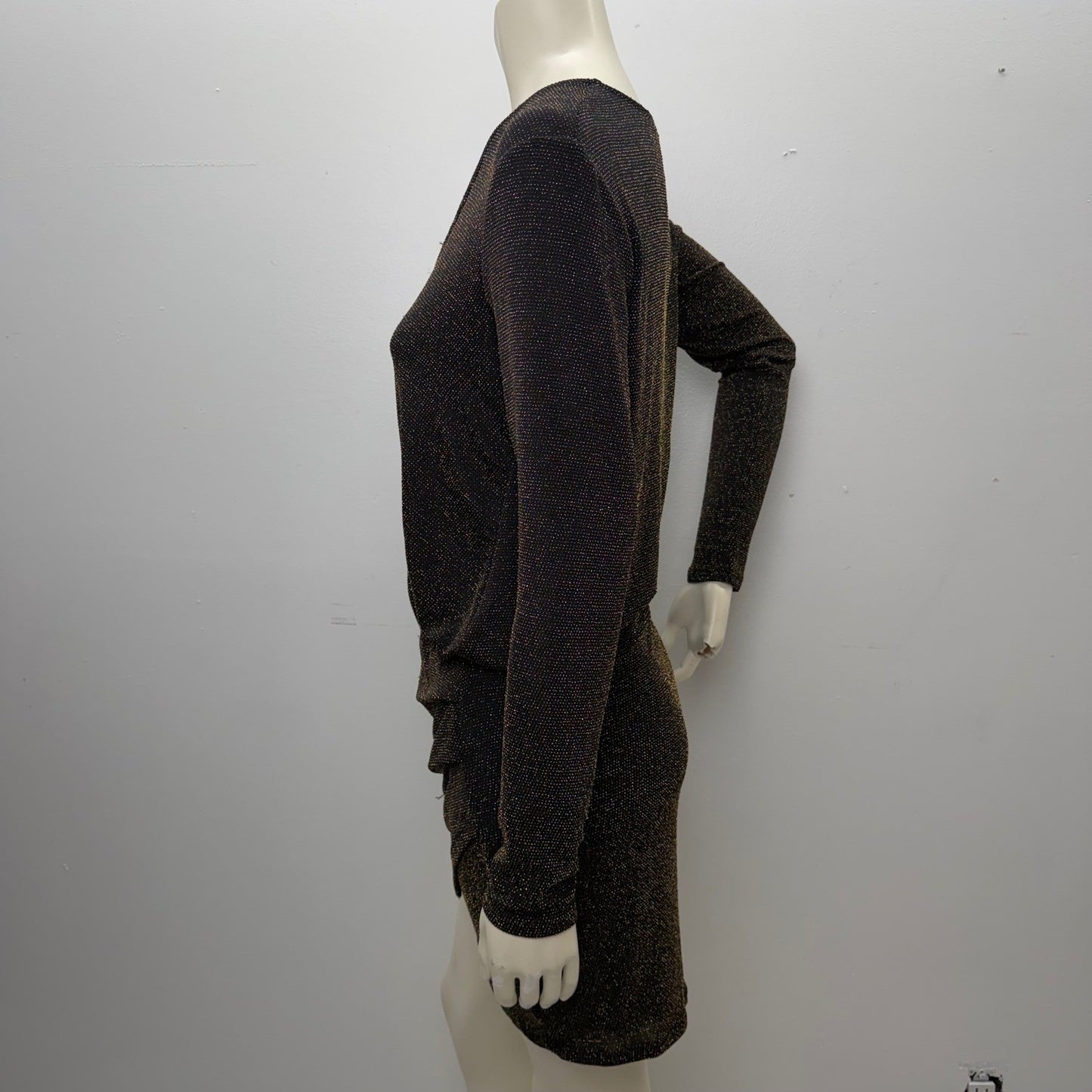 Dynamite Gold Shimmer Black Dress Ruched Long Sleeve Y2K Goth Indie Sleaze M
