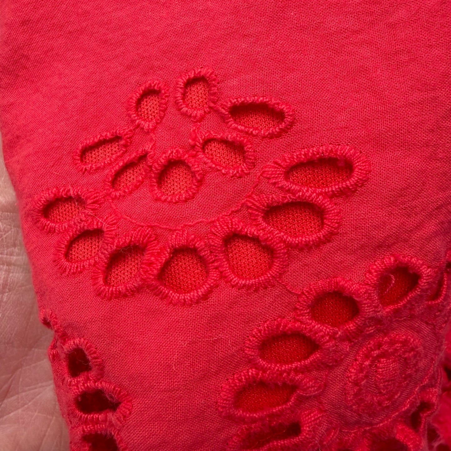 Coral Red Eyelet Embroidered Cotton Romper Smocked Back Boho Festival Country
