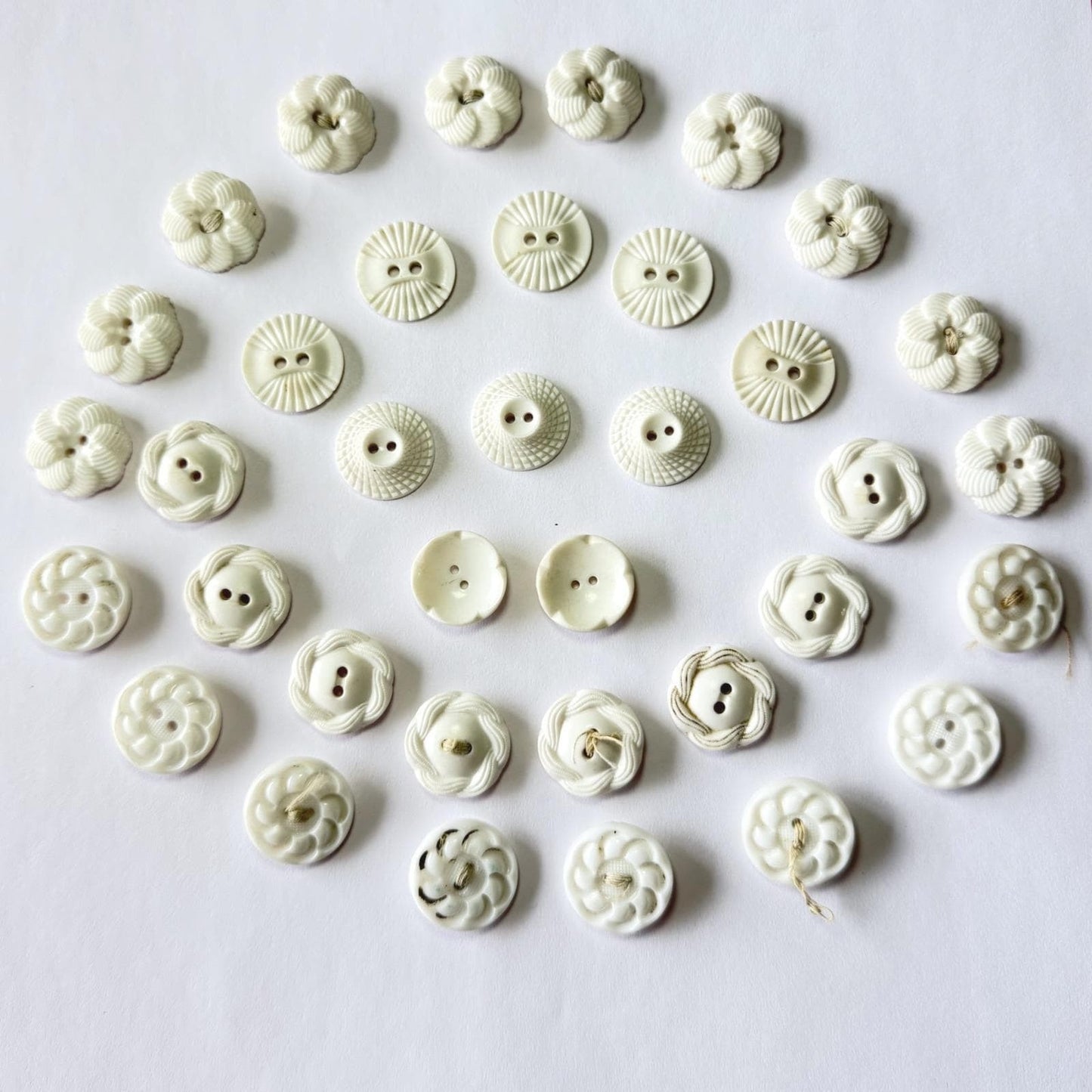 Antique Milk Glass Buttons Mixed Lot Floral Sunburst Victorian White 2Hole 36pc