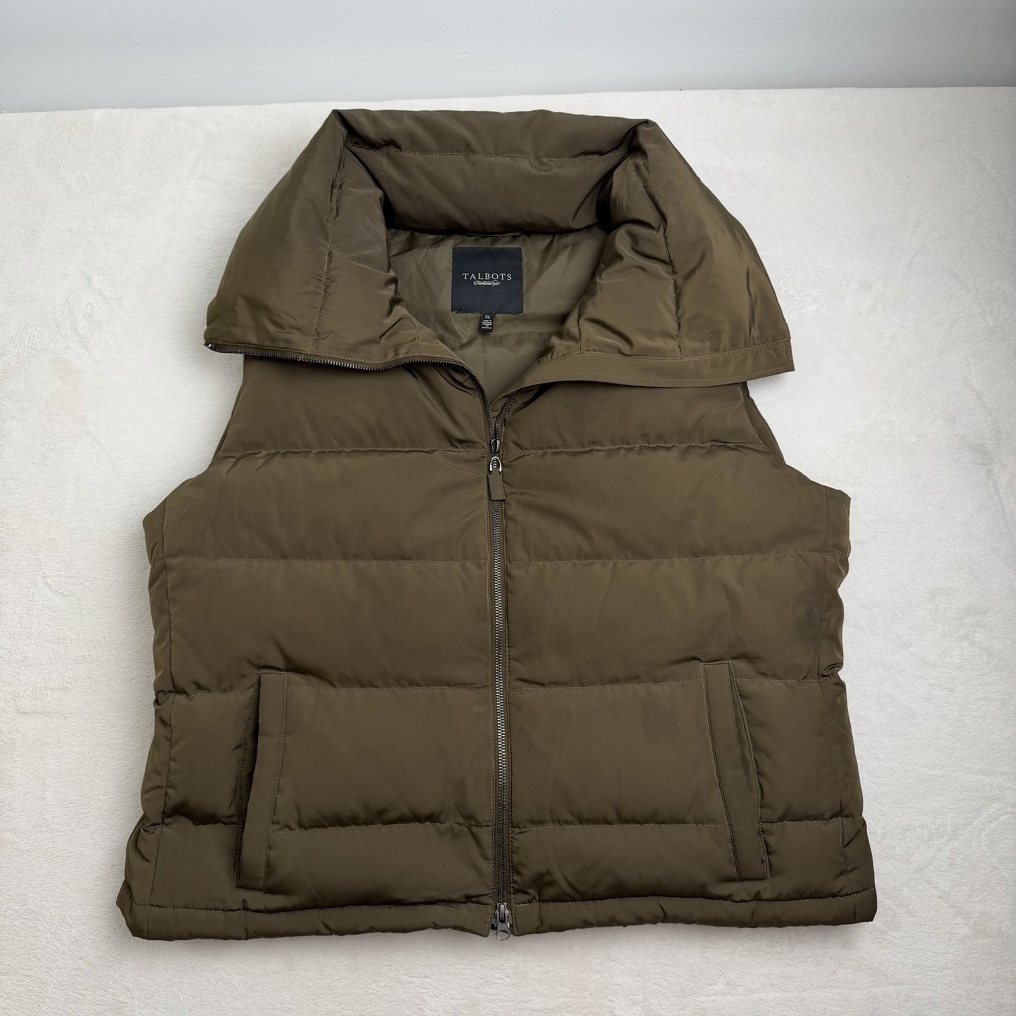 Talbots Womens Olive Green Puffer Vest Zip Front Duck Down Feather Gorpcore XL