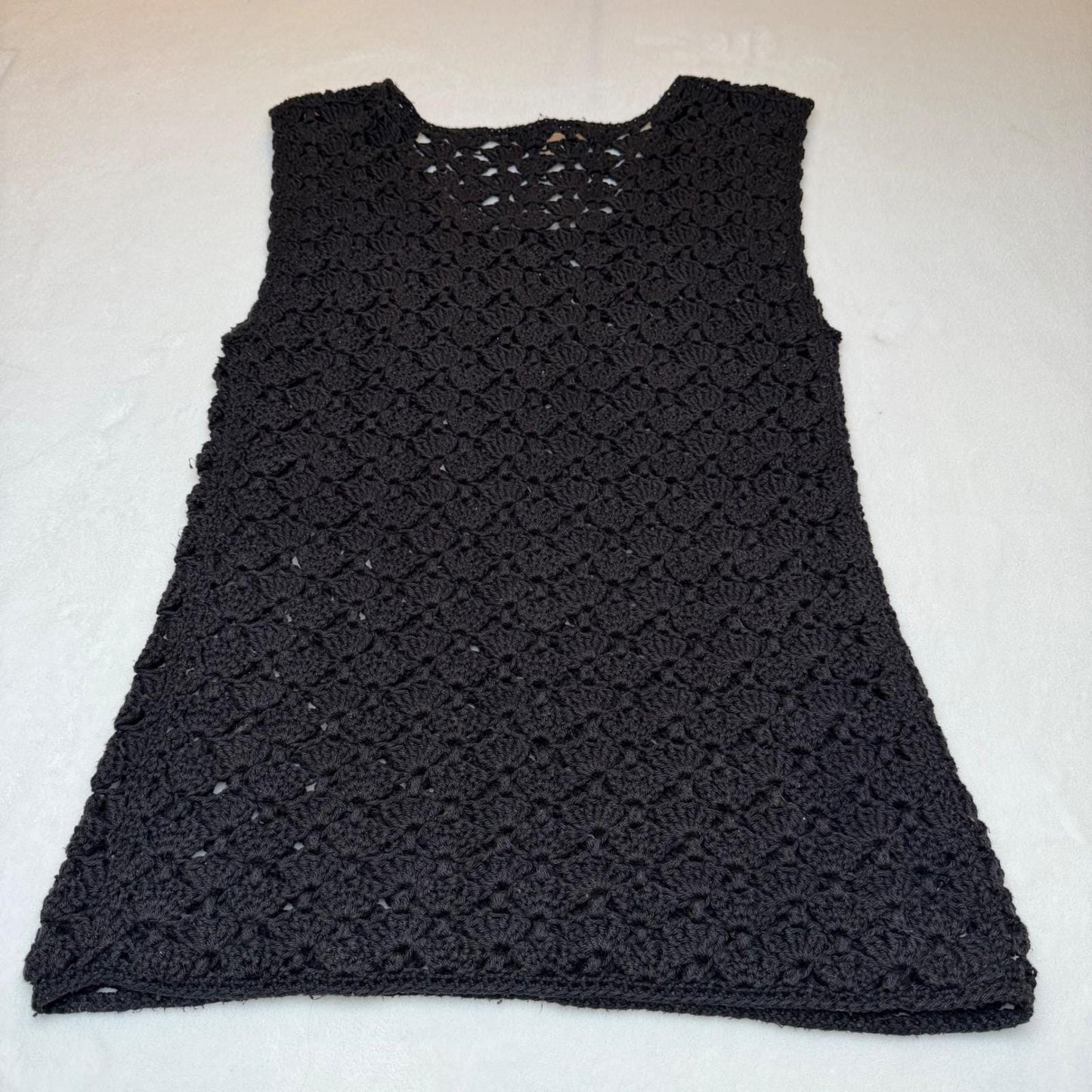 Vintage Crochet Tank Top Black Open Knit Shell Stitch Boho Parisian Chic Small