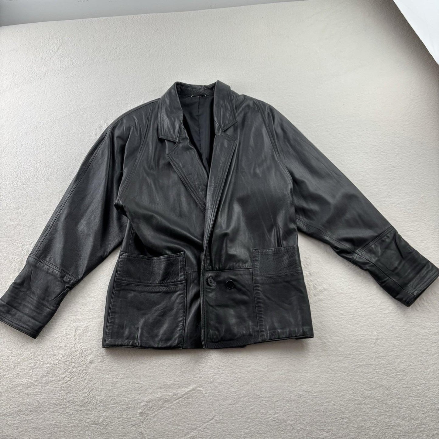Vintage 90s Black Leather Blazer Jacket Minimalist Quiet Luxury Mobwife Medium