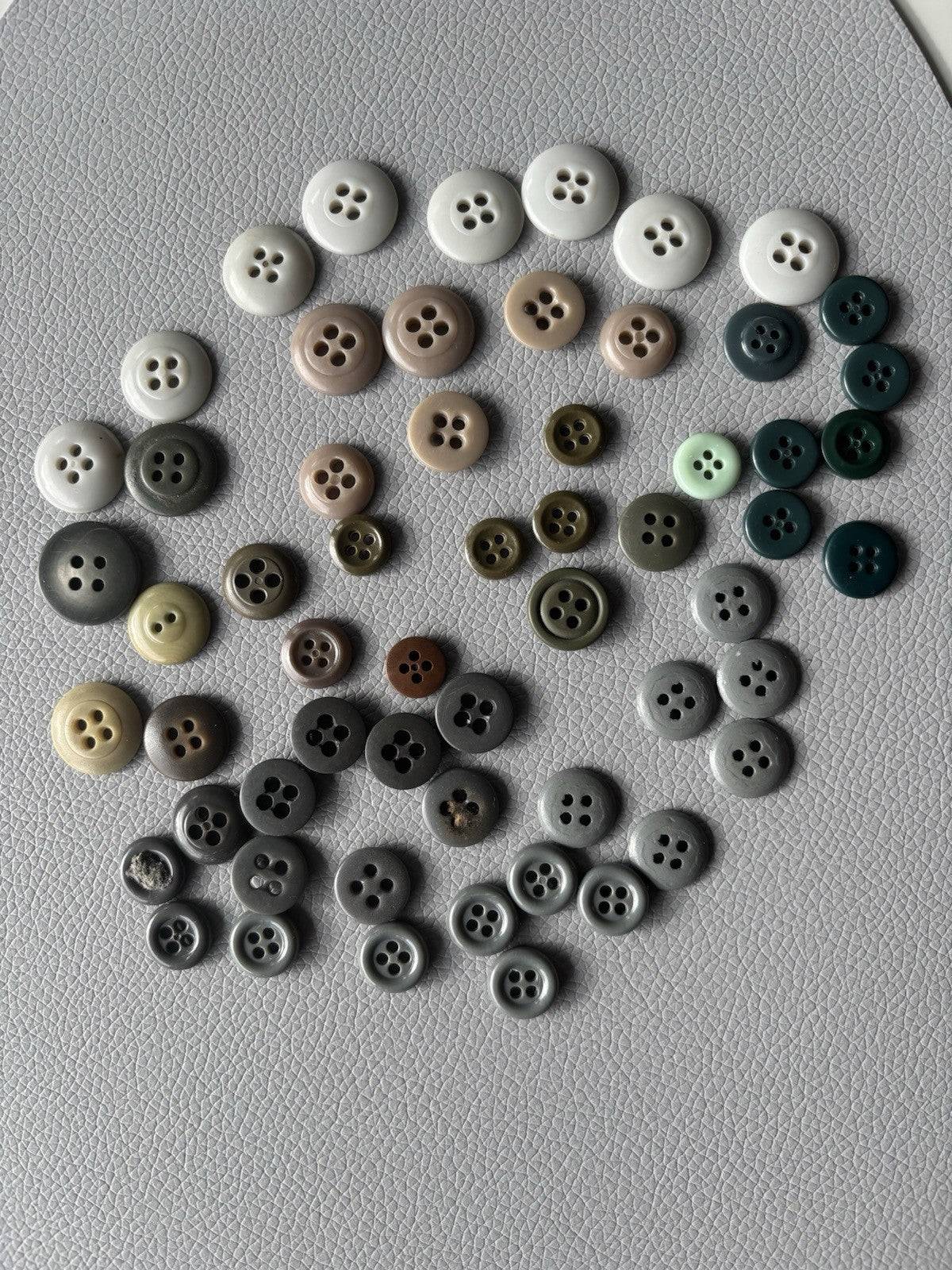 Vintage Button Lot Of 59 Early Plastic Four Hole Buttons Grey Taupe White Brown
