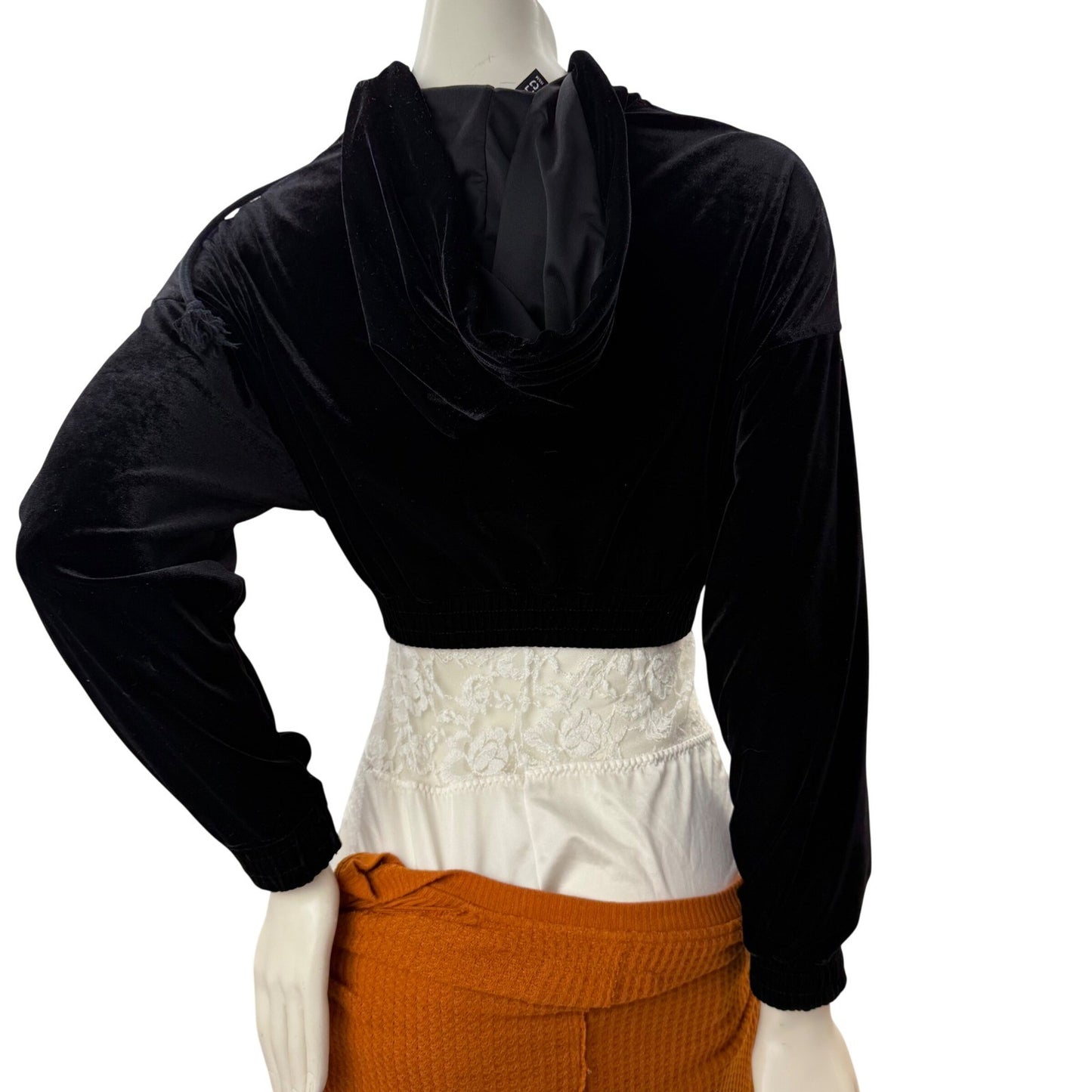 Black Velvet Cropped Zip Up Hoodie Long Sleeve Casual Athleisure Women