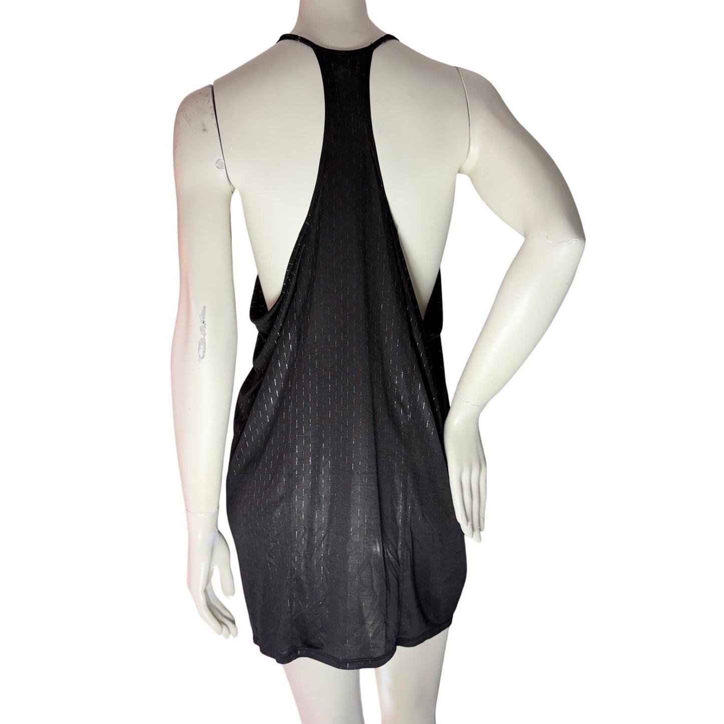 LUX Mini Dress Black Metallic Pinstripe Draped Racerback Y2K Disco Party Small