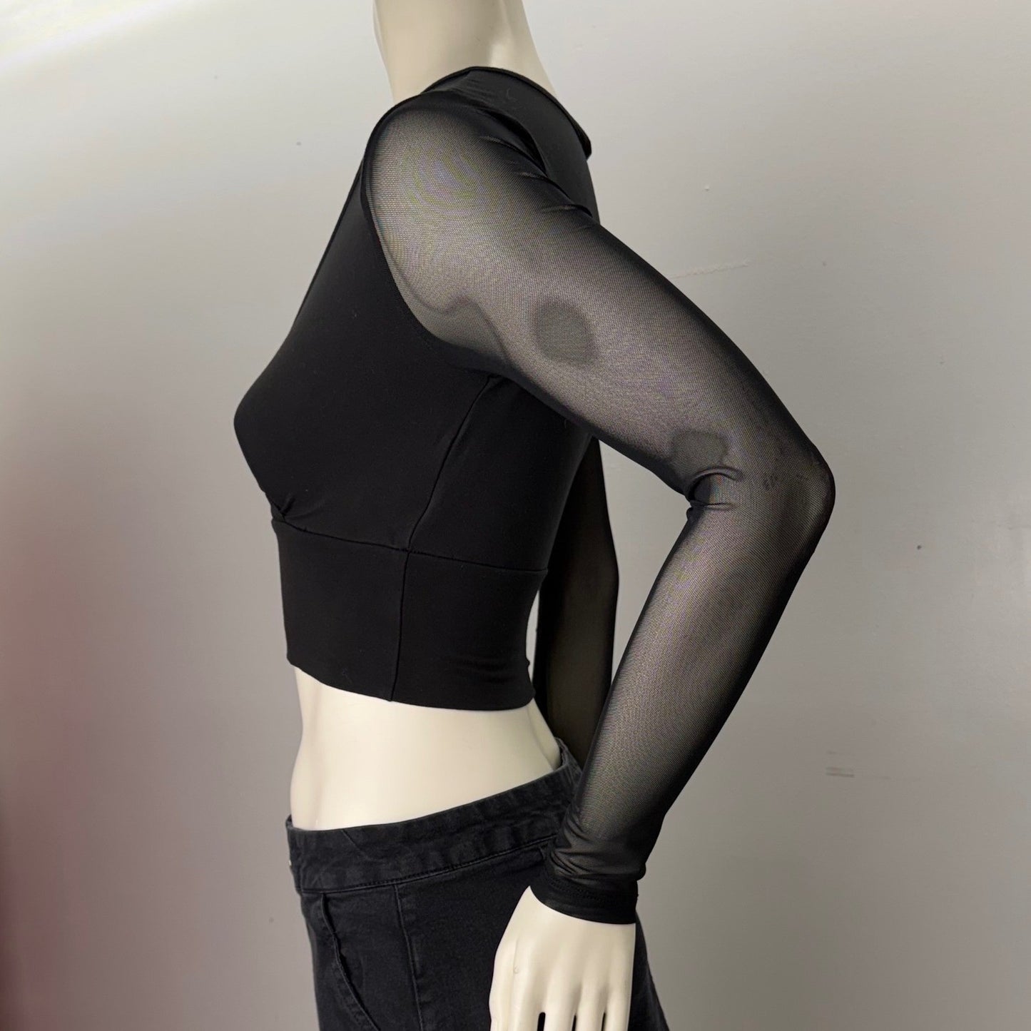 Black Sheer Sleeve Mesh Top Wrap Front V-Neck Crop Top Small Goth Romantic Y2K