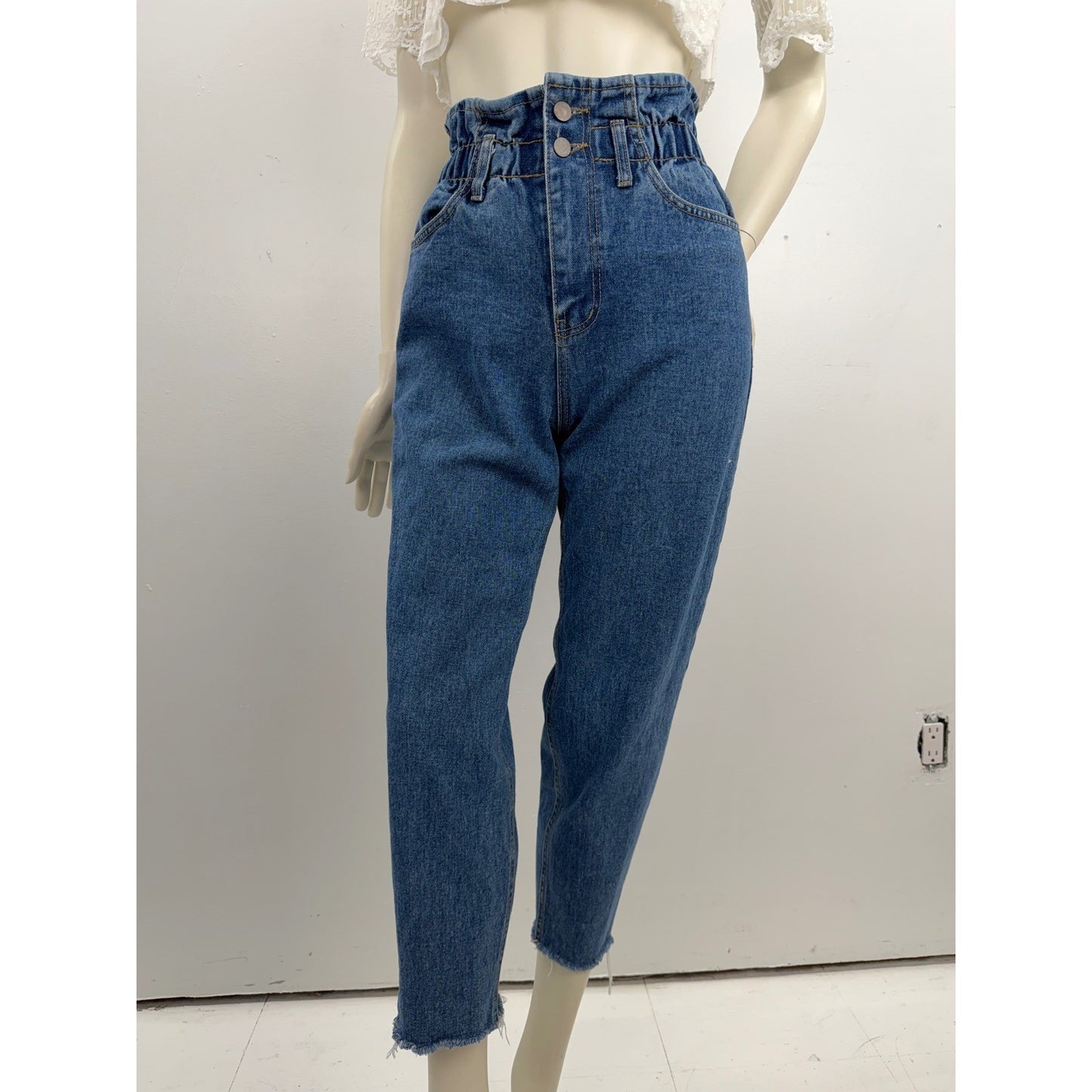 Oak + Fort High Waisted Paperbag Mom Jeans Denim Raw Hem Double Button Sz Small