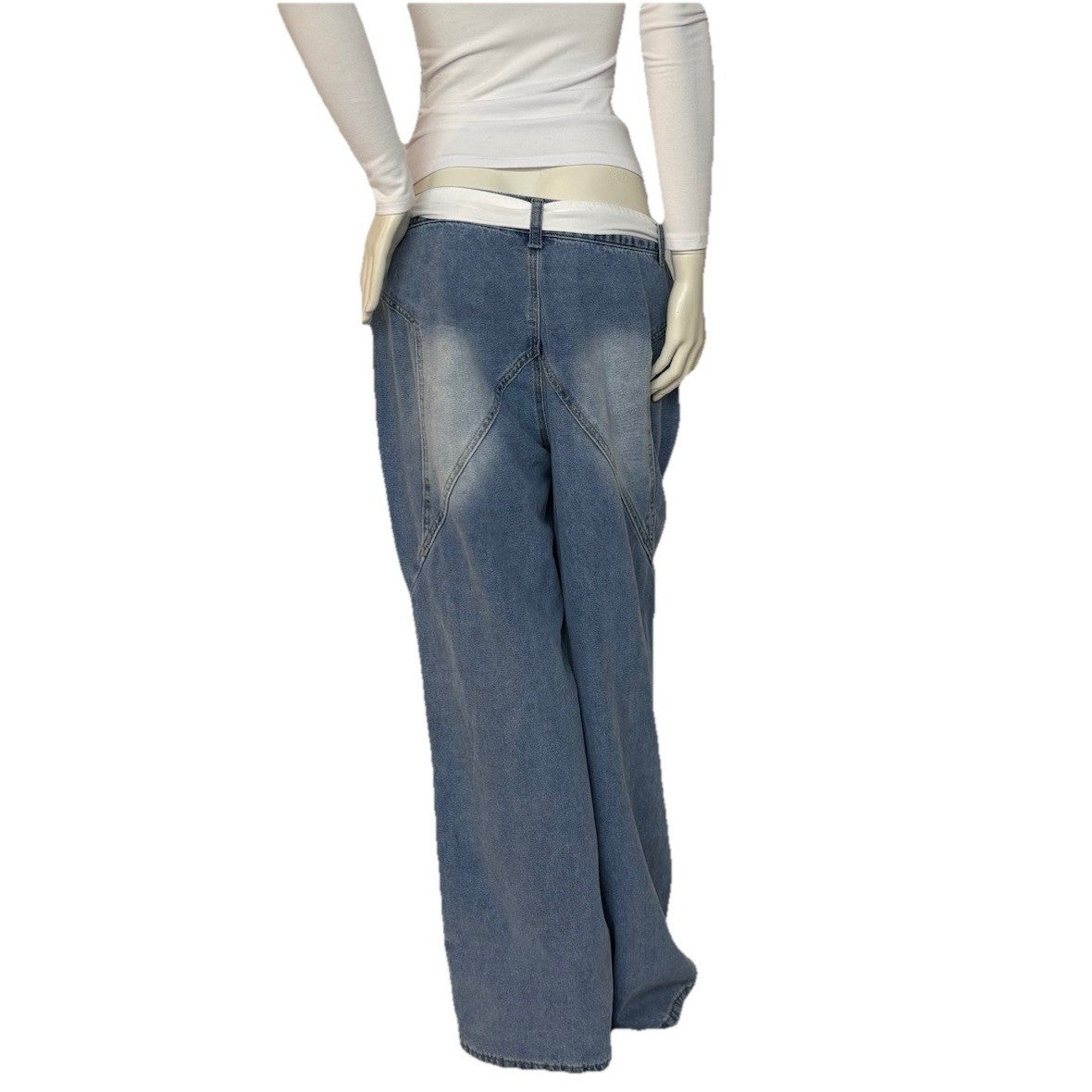 Women's Wide Leg Jeans 33x30 Slouchy Low Rise Y2K Baggy Denim White Belt Strap