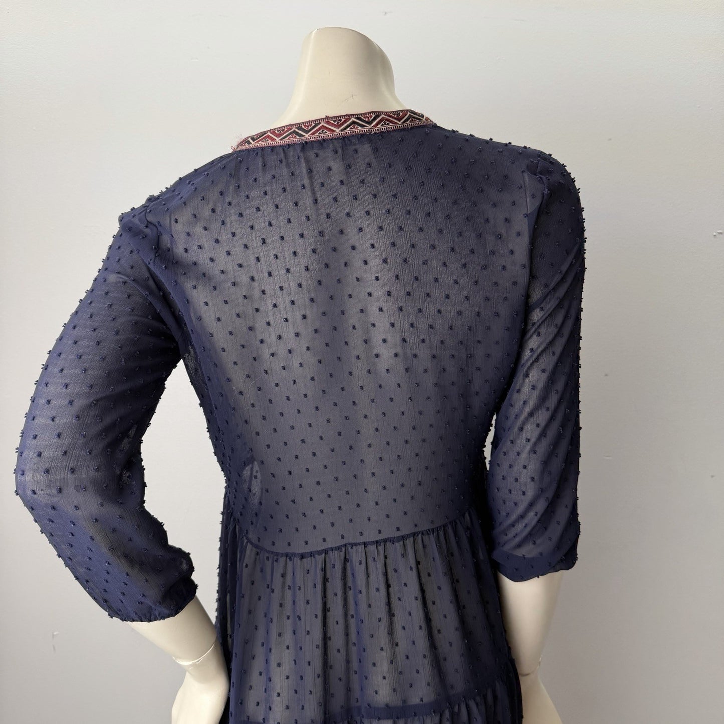 Daniel Rainn Navy Swiss Dot Tiered Dress Boho Embroidered XSmall Coquettecore
