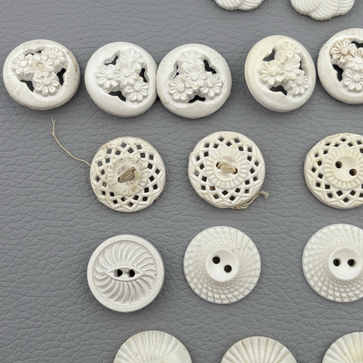 Vintage Carved Early Plastic Buttons – Antique White Floral & Pierced Mix 50 Lot