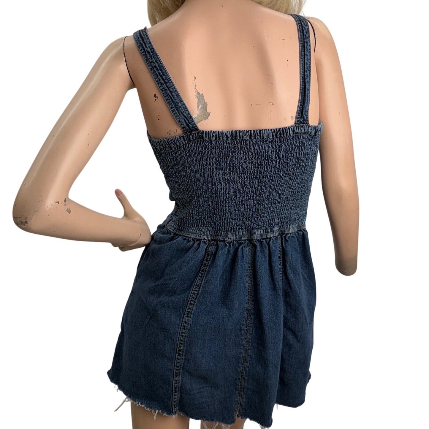 Denim Button Front Mini Dress smocked back Strappy Summer Casual Womens Medium