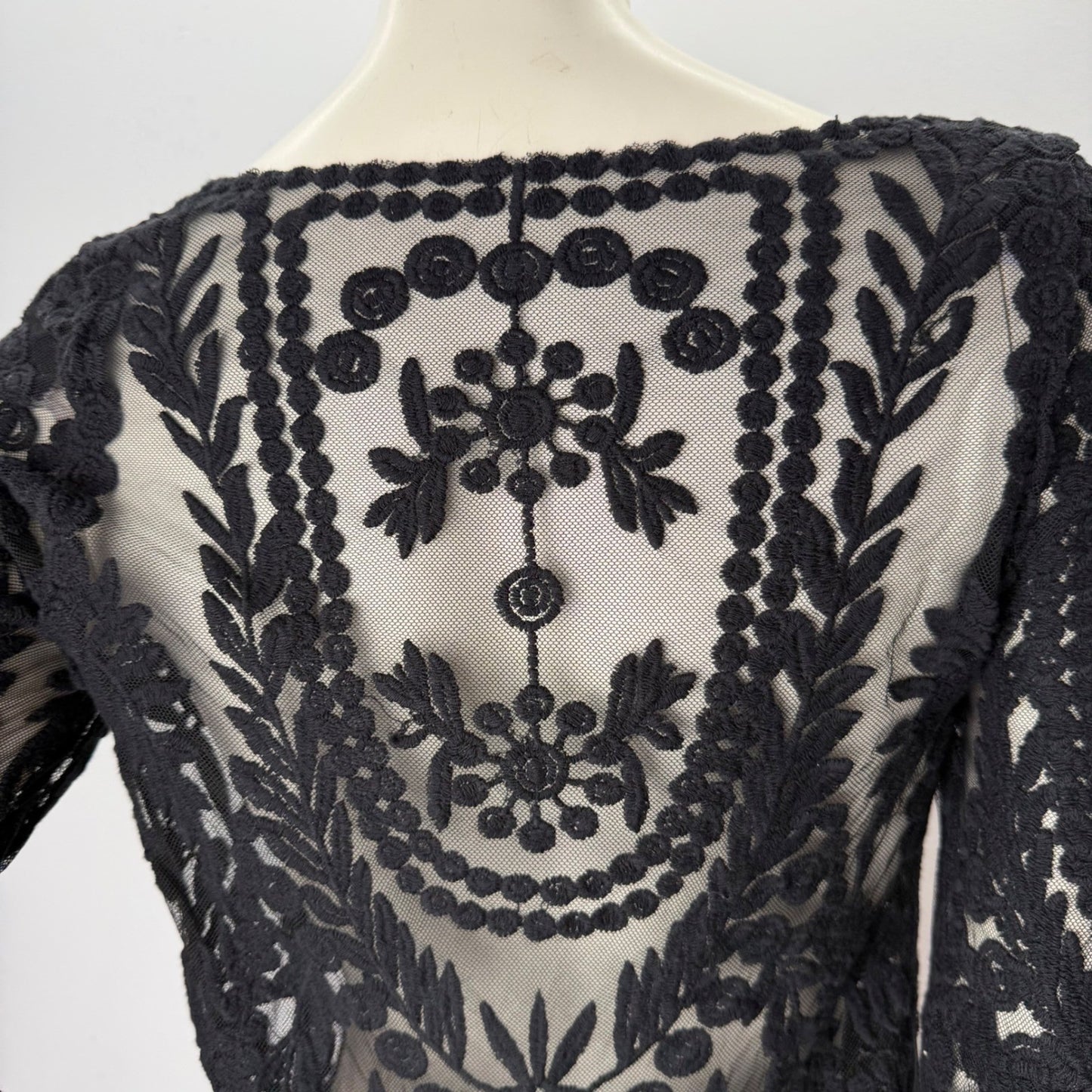 Black Sheer Mesh Top Embroidered Floral   Blouse Whimsigoth Victorian Boatneck