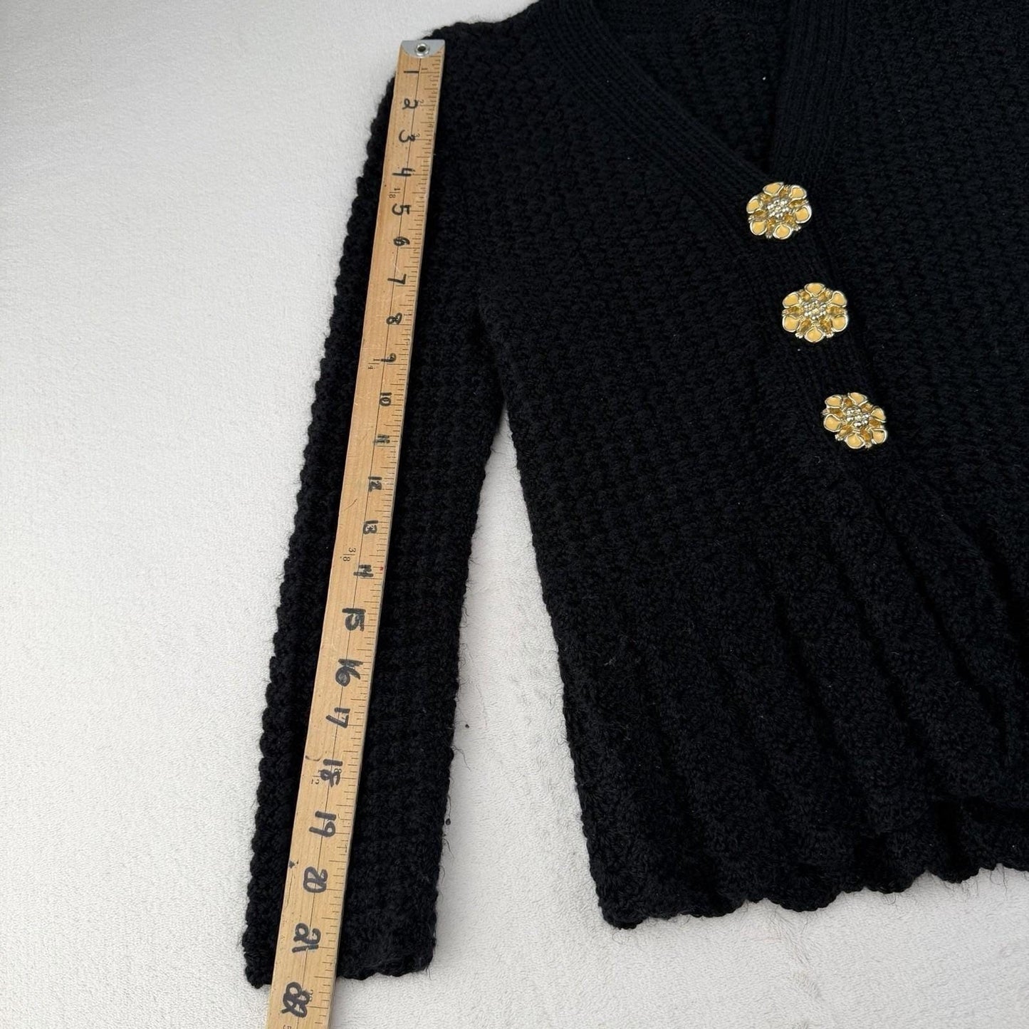 Vintage Black Fuzzy V-Neck Handmade Cardigan Peplum Yellow Flower Buttons Medium