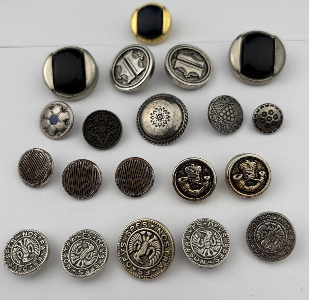 Vintage Silver & Black Button Lot – Crest, Textured, Enamel, and Etched Mix, 20