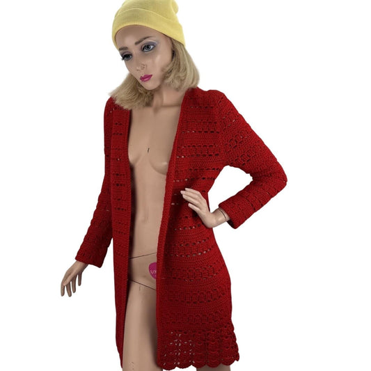 Vintage Red Cardigan Handmade Cottagecore Hippiecore Grandmacore Women's Small