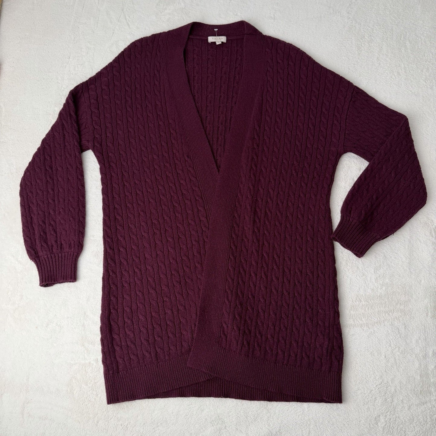 LAURA petites Dark Purple Cardigan Cable Knit Women's Sz Small Open Front Casual
