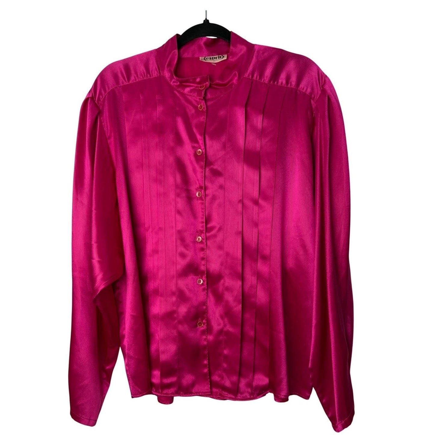 Vintage Esprit Fuchsia Pink Satin Pintuck Pleated Mandarin Collar Blouse 80s 90s