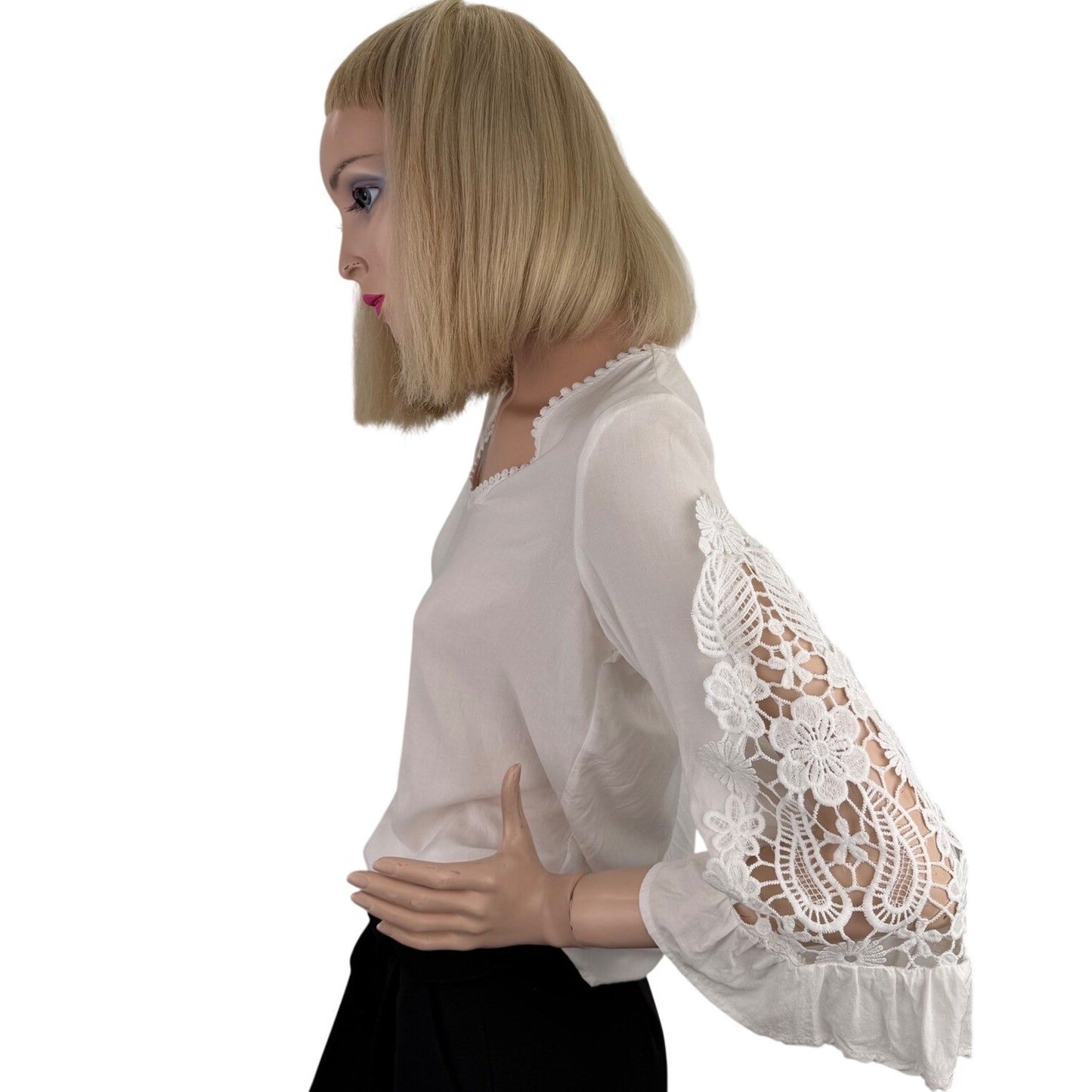 White V-Neck Blouse Floral Crochet Lace Sleeves Pom-Pom Trim Fairycore Small