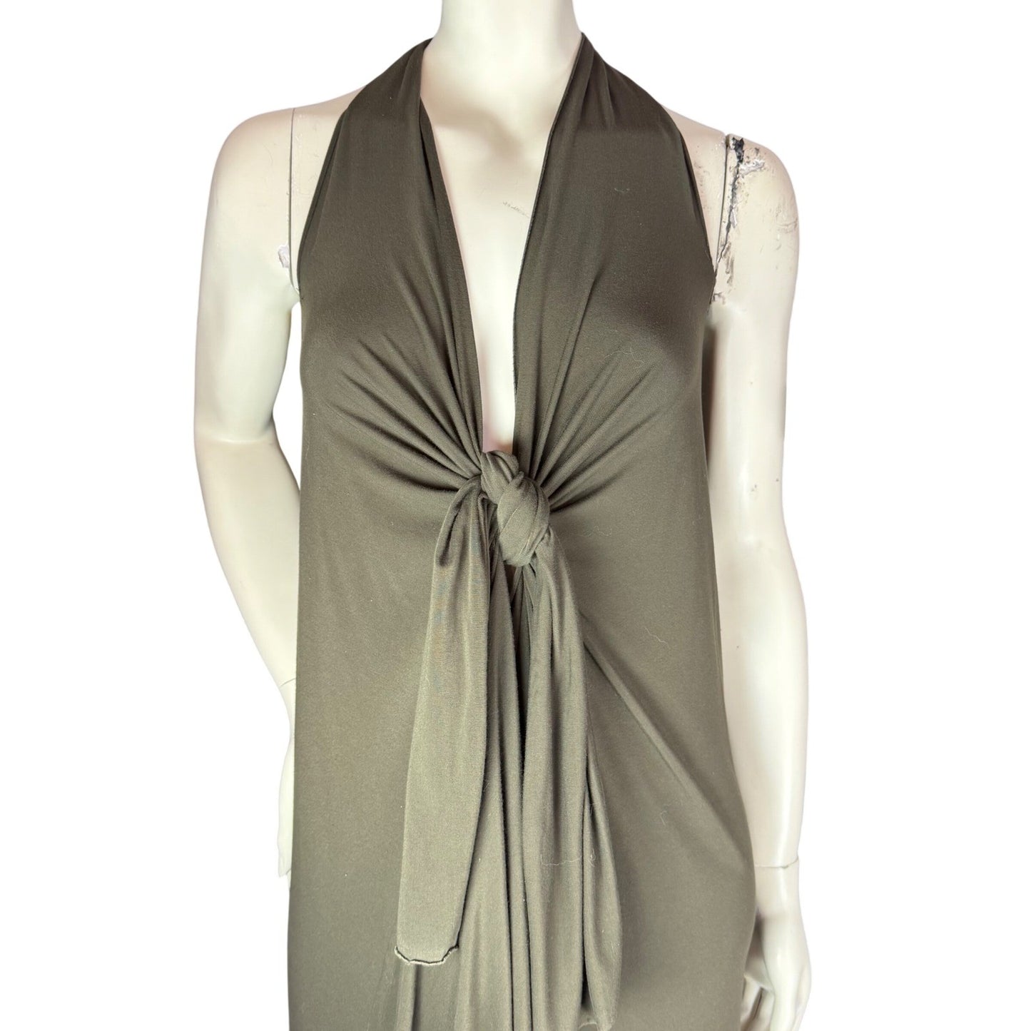 Simpłe Halter Maxi Dress Knot Front Grecian Resortwear Olive Drab Green OS