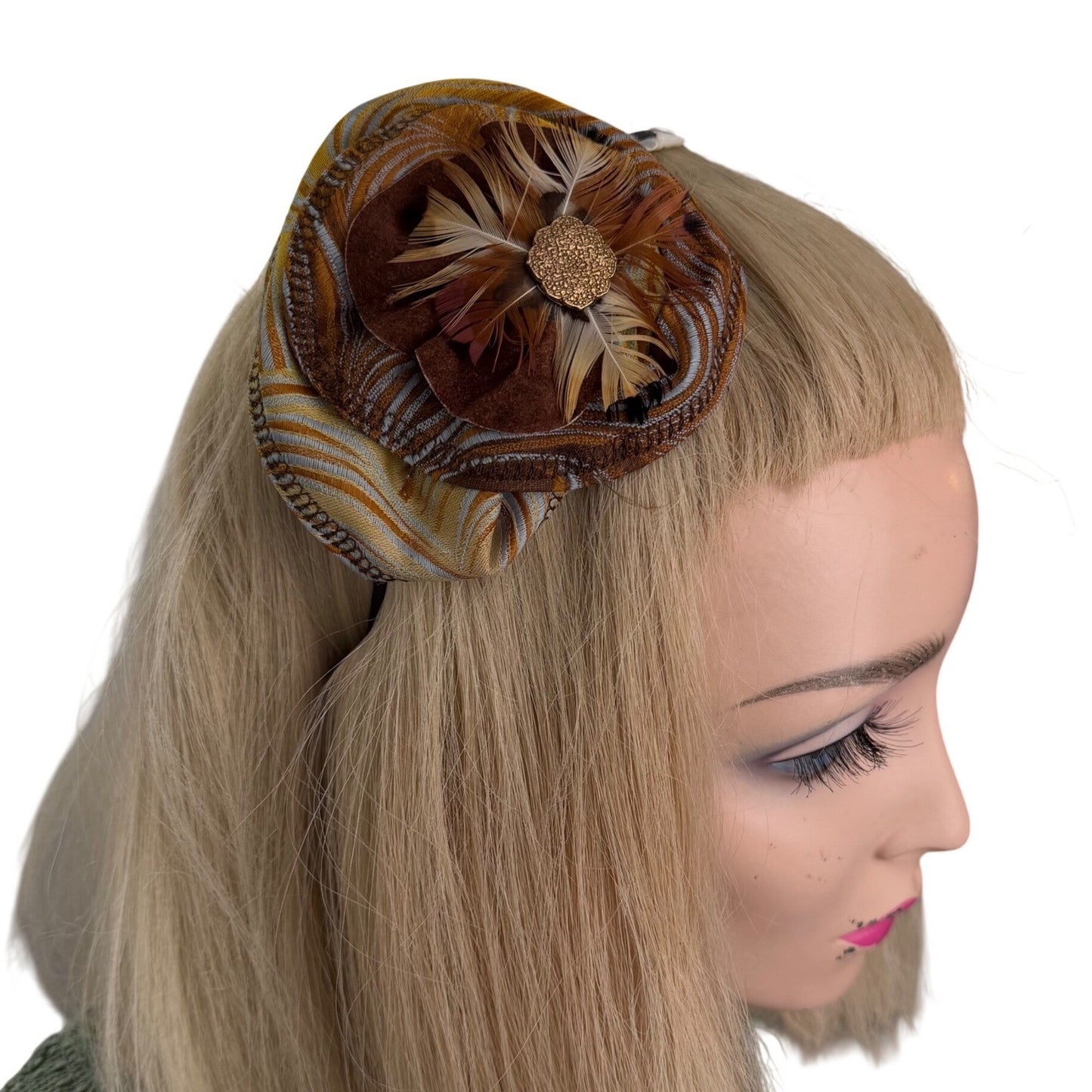 Bella Capelli Headband Fascinator Feather Gold Filigree Earth Tone Vintage OS