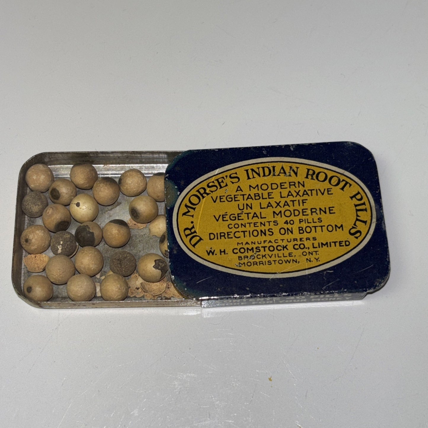 Vintage Dr. Morse's Indian Root Pills Slide Tin Vegetable Laxative WH Comstock