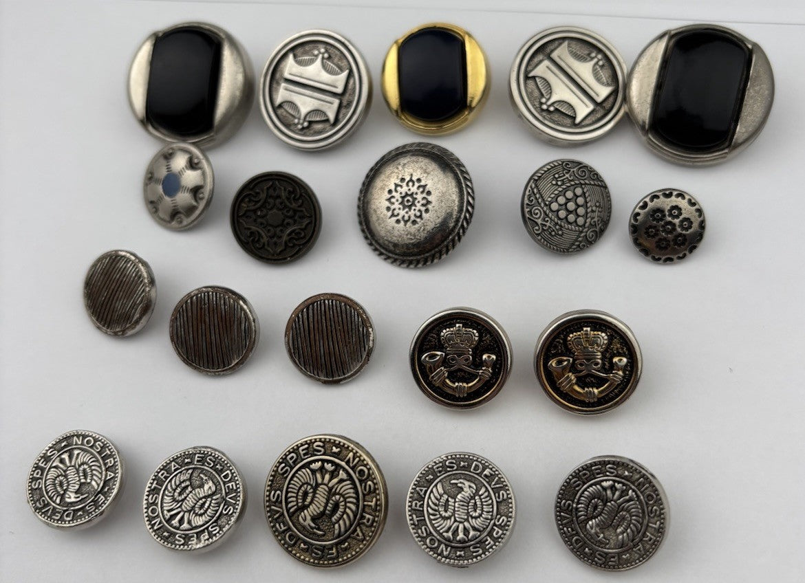 Vintage Silver & Black Button Lot – Crest, Textured, Enamel, and Etched Mix, 20