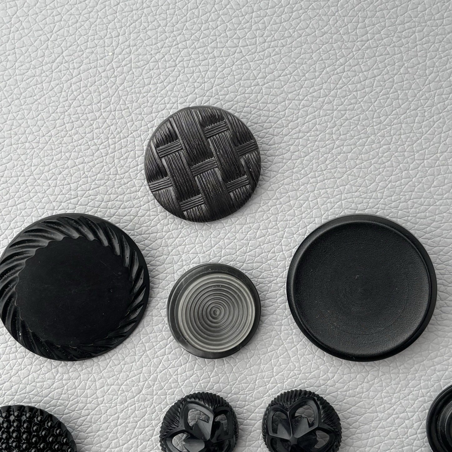 Vintage Black Glass & Early Plastic Button Lot Textured Carved & Openwork