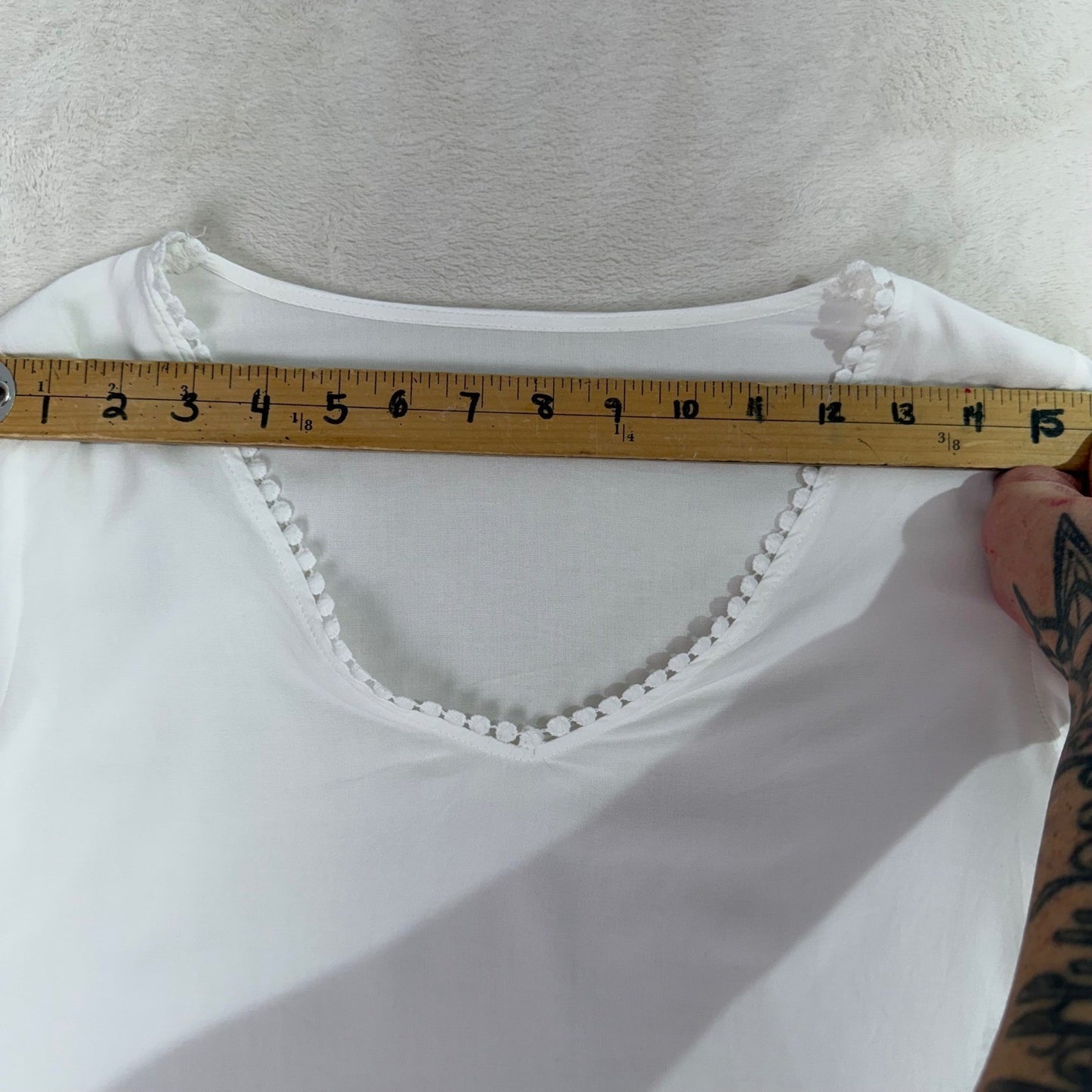White V-Neck Blouse Floral Crochet Lace Sleeves Pom-Pom Trim Fairycore Small