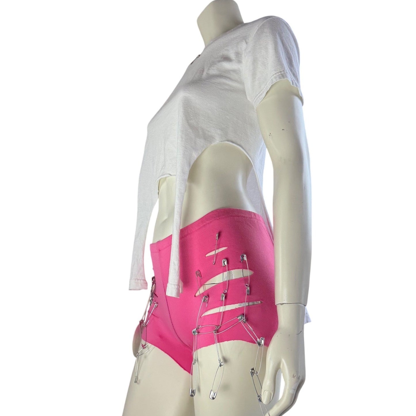 Simpłe NWT Pink Safety Pin Shorts + White CropTop Punk Festival Rave Neon Small