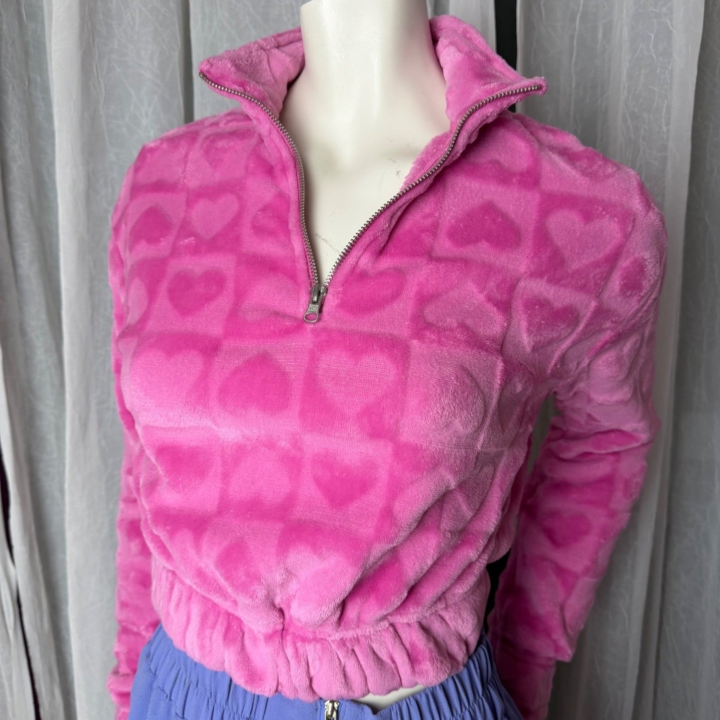 NOBO Pink Heart Pullover Plush Fleece Cropped Quarter Zip XS princesscore Y2K